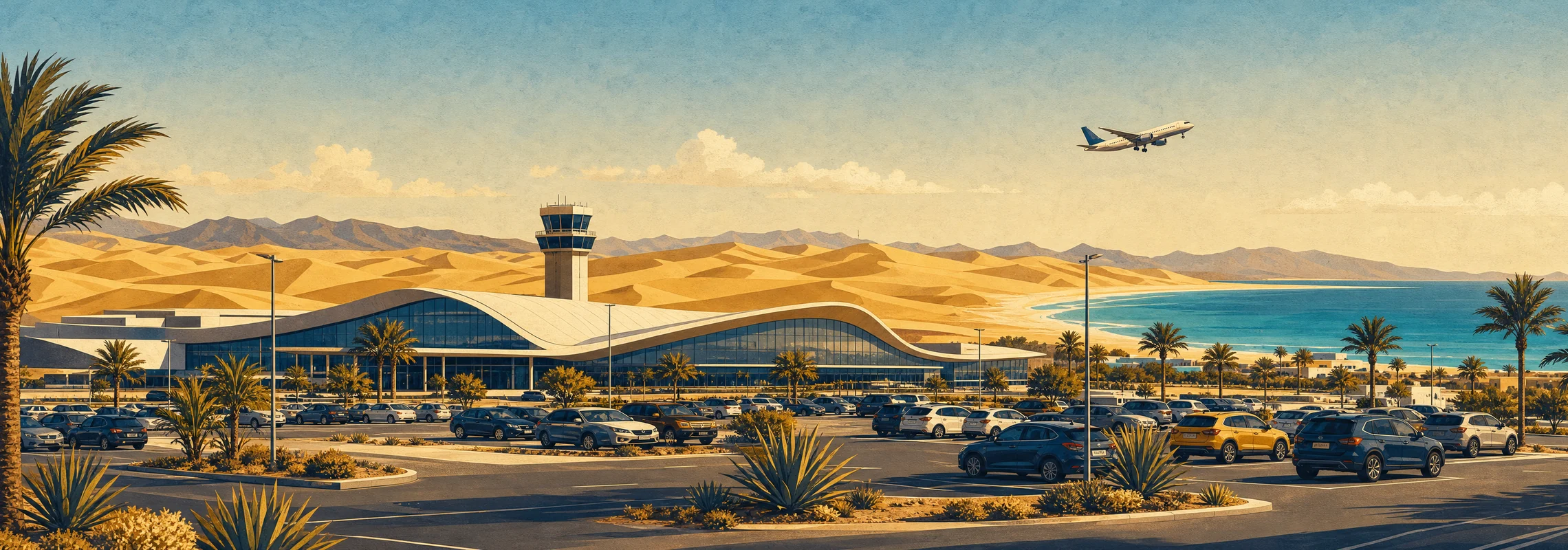 Aparcamiento del aeropuerto de Fuerteventura con coches, terminal y un avión