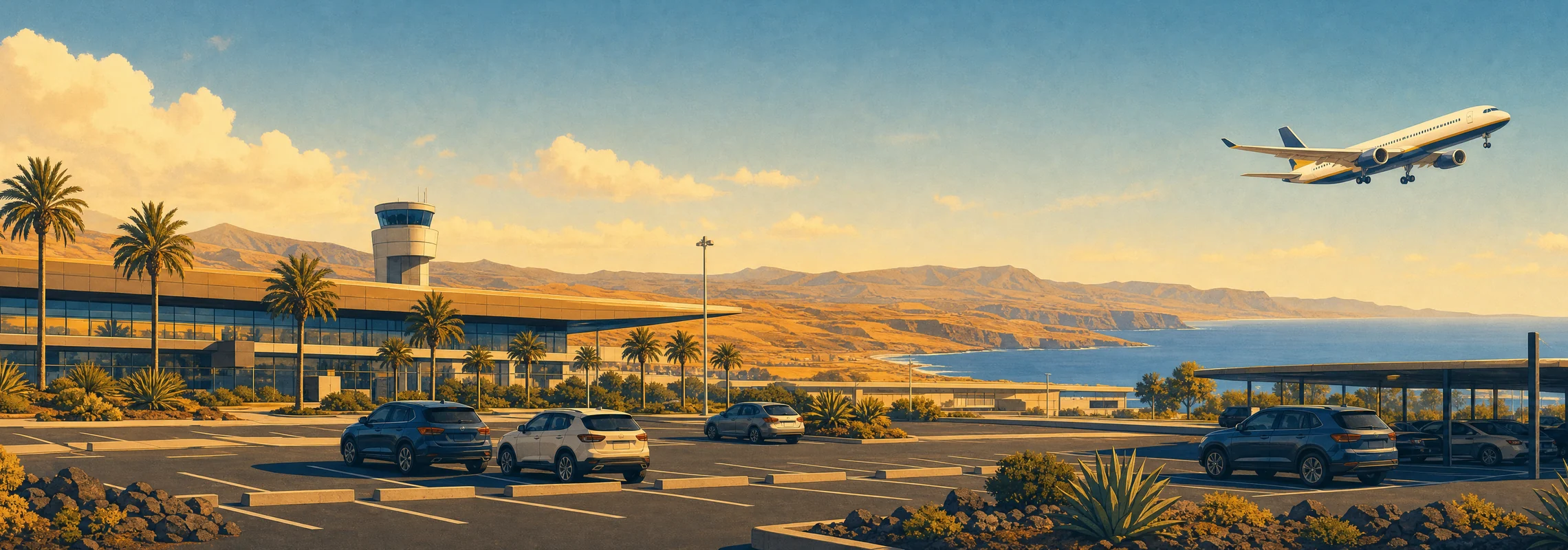 Aparcamiento del aeropuerto de Gran Canaria con coches, terminal y un avión