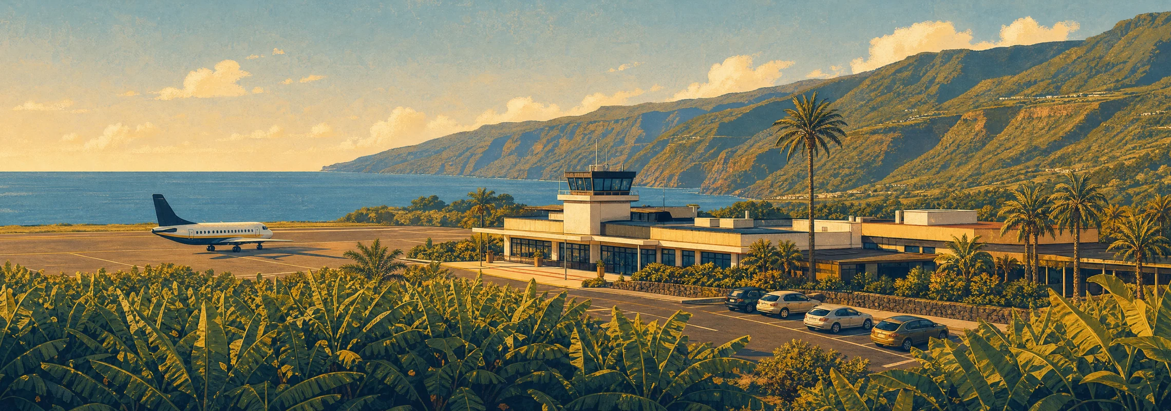 Aparcamiento del aeropuerto de La Palma con coches, terminal y un avión
