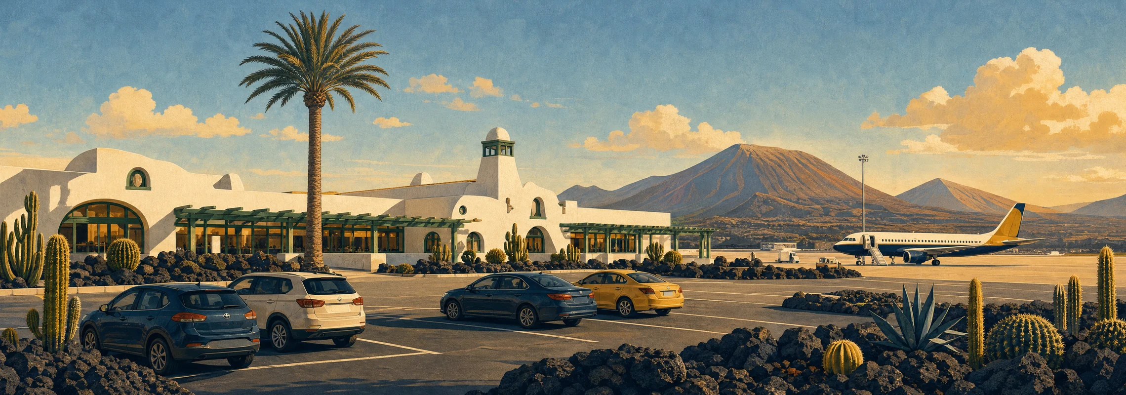 Aparcamiento del aeropuerto de Lanzarote con coches, terminal y un avión