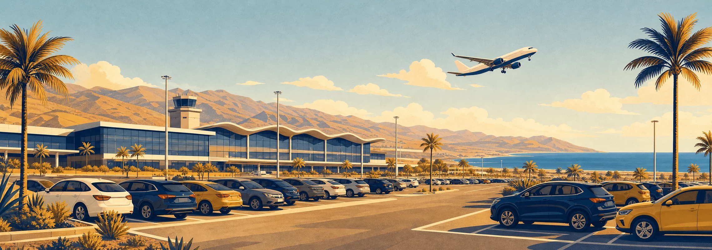 Aparcamiento del aeropuerto de Tenerife Sur con coches, terminal y un avión