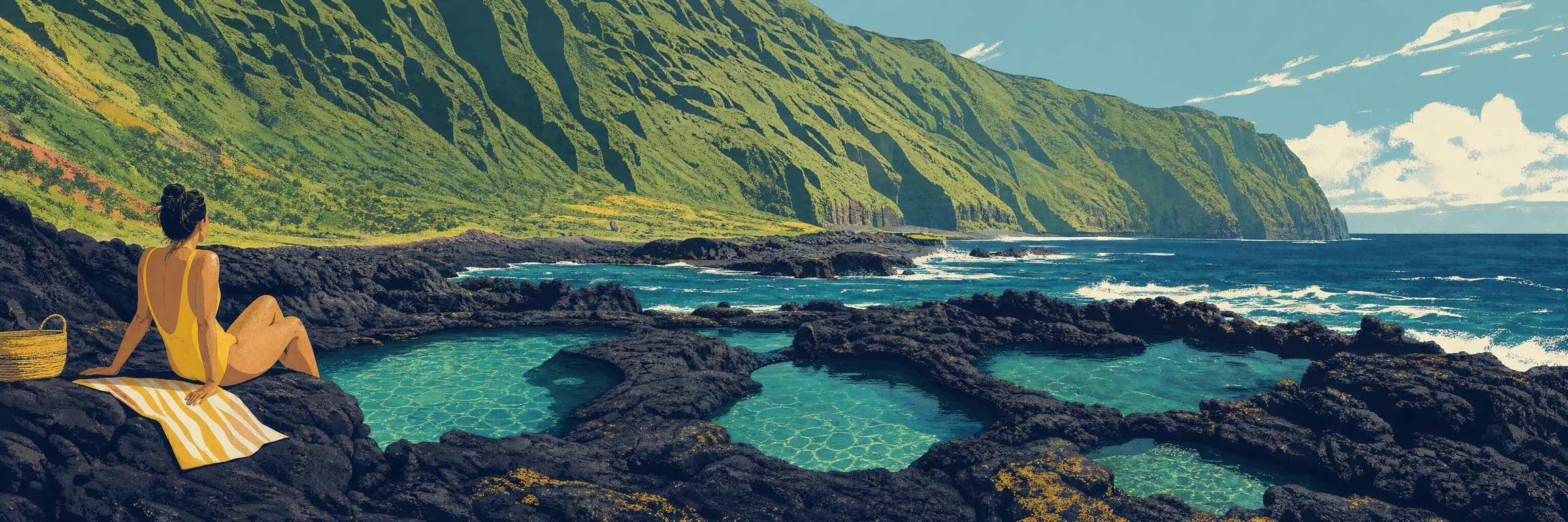 Costa volcánica de El Hierro con charcos de lava, piscinas naturales, pequeñas playas oscuras y aguas tranquilas hacia el sur.