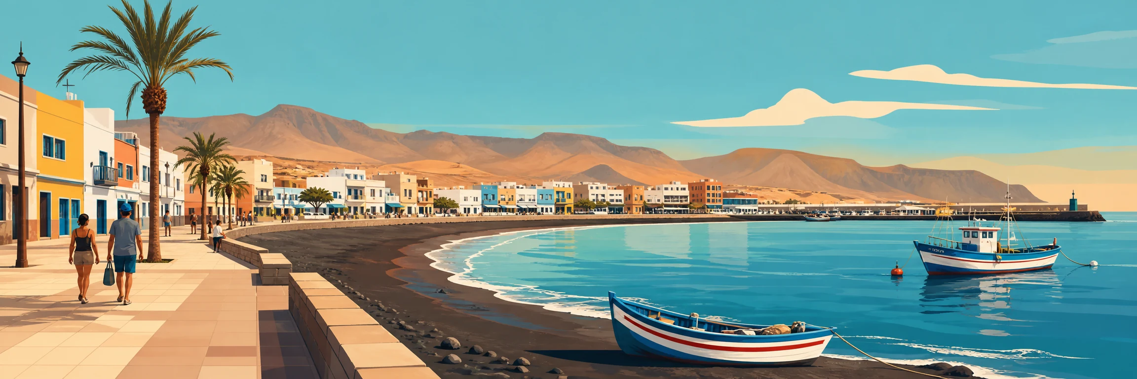 Gran Tarajal (Fuerteventura): playa de arena negra y pueblo