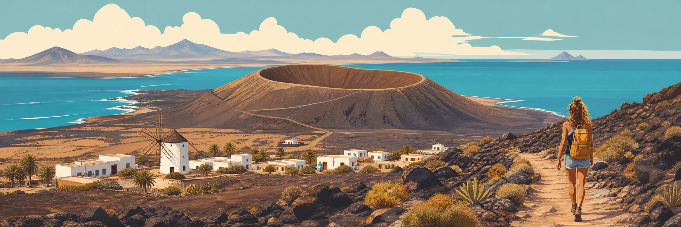Lajares (Fuerteventura): volcán Calderón Hondo, mercadillo y surf