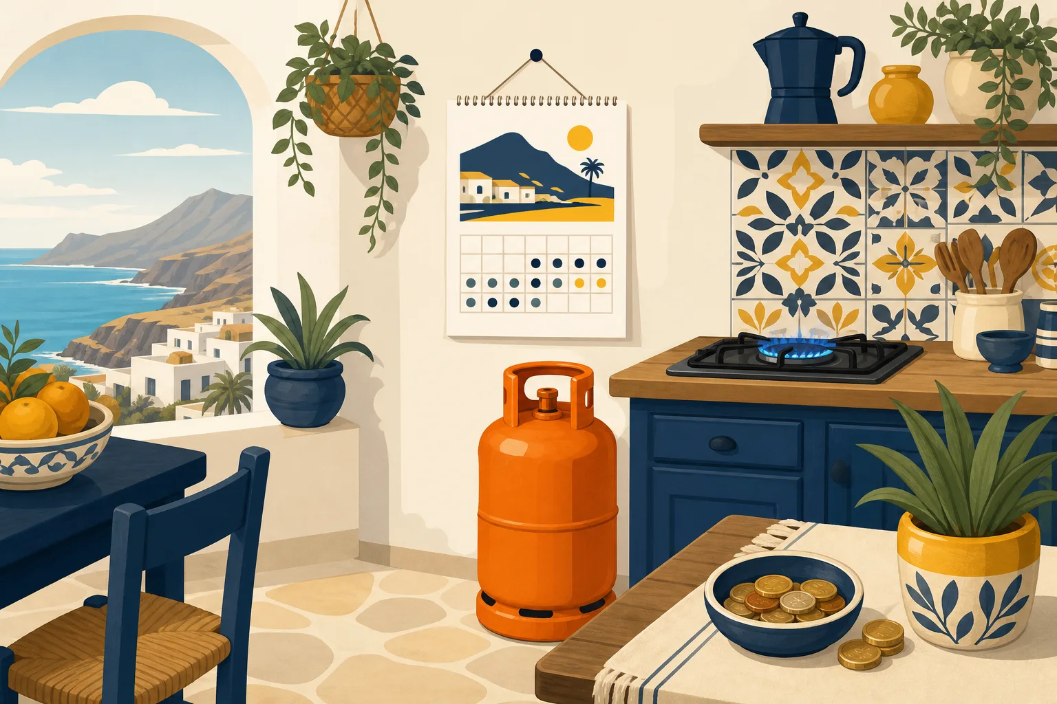 Bombona de butano naranja en una cocina canaria con la llama azul encendida