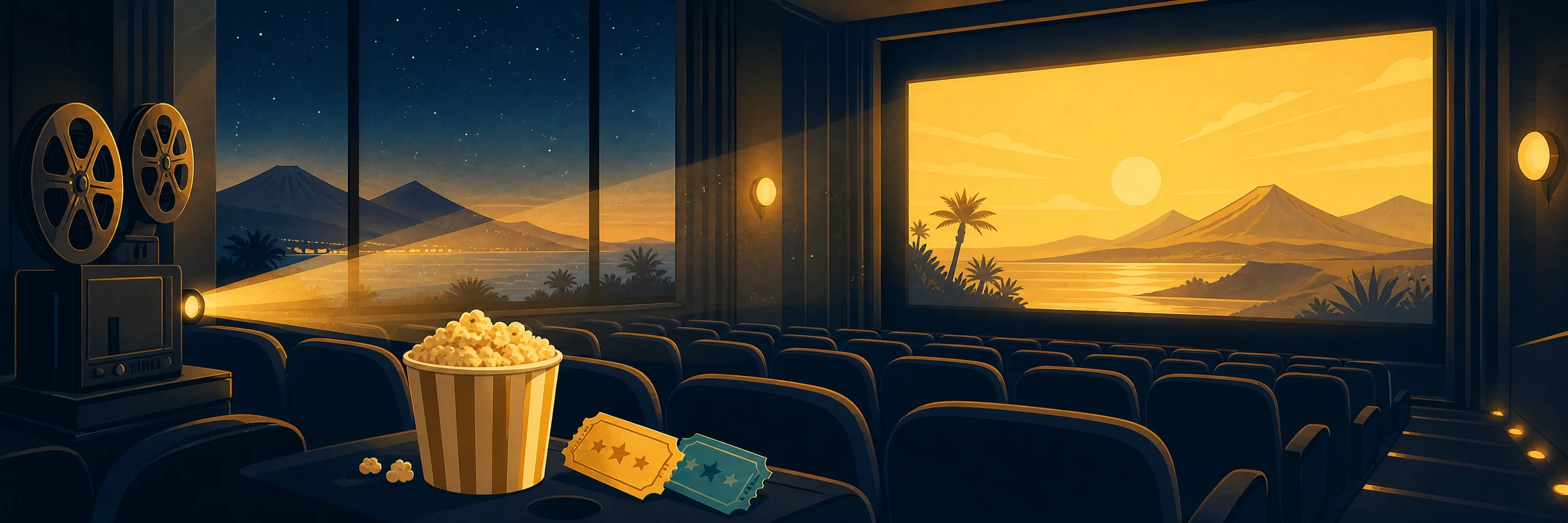 Ilustración de una sala de cine con las islas Canarias al fondo